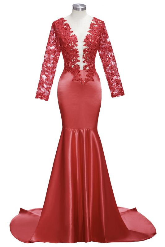 Mermaid Long-Sleeve Lace-Appliques Red Sexy Prom Dress