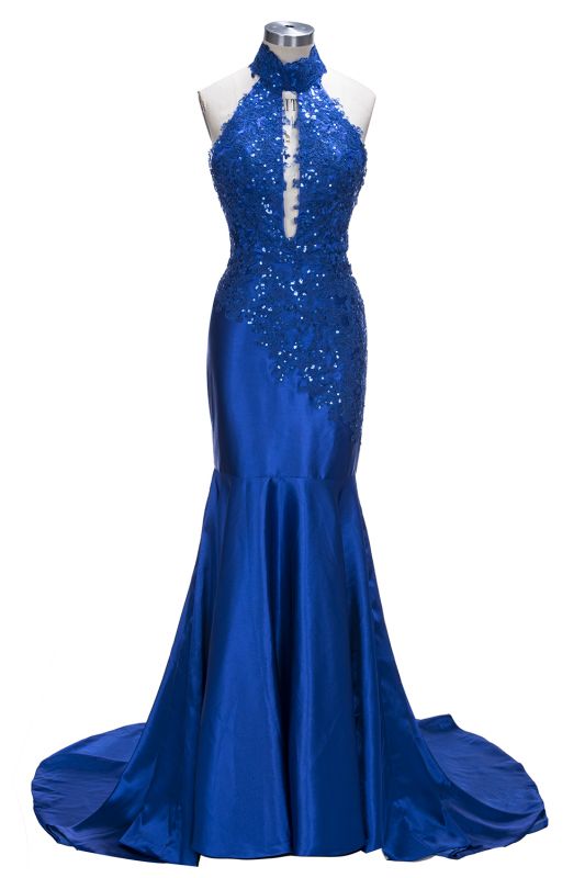 Royal Blue Mermaid Prom Dresses | Halter Backless Evening Gowns with Keyhole Neckline