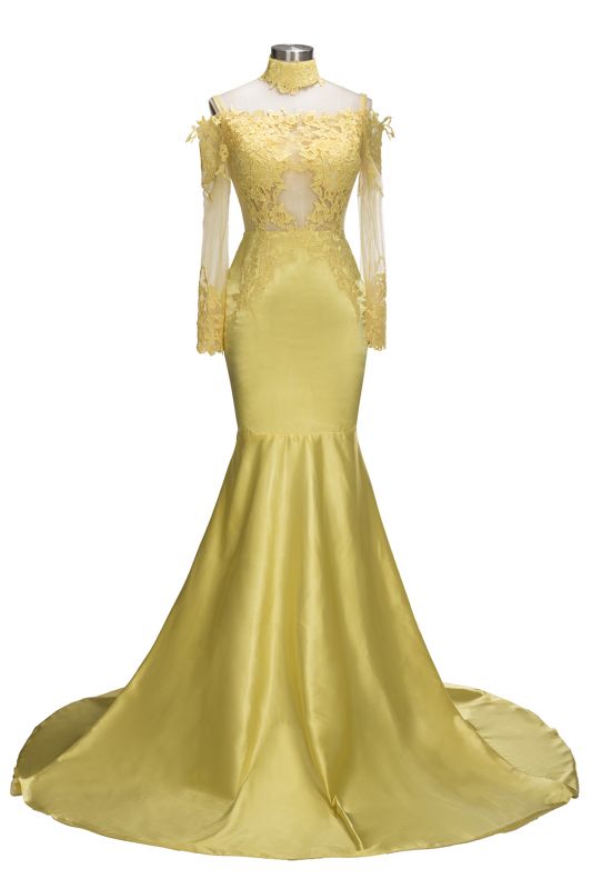 Shiny Yellow Mermaid Prom Dresses | Off-the-Shoulder Evening Gowns with Choker