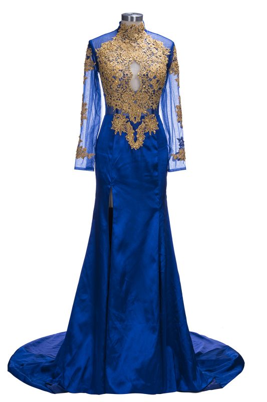 Royal Blue and Gold Prom Dresses | Long Sleeves Side Slit Evening Gowns