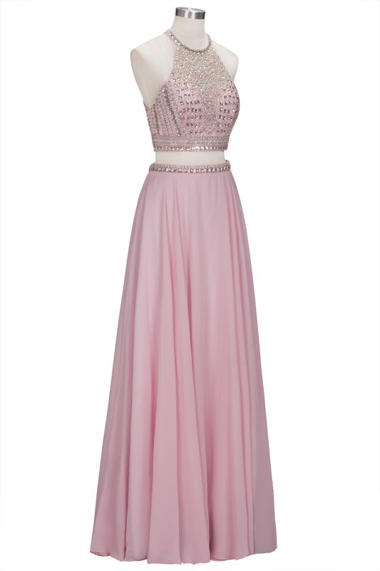 Sparkly Heavy Beaded Two Pieces Prom Dresses | Pink Halter Crystal Chiffon A-Line Evening Dresses