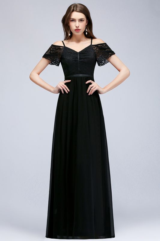 Sexy Black Short-Sleeves Cold-Shoulder Lace Chiffon Evening Dress