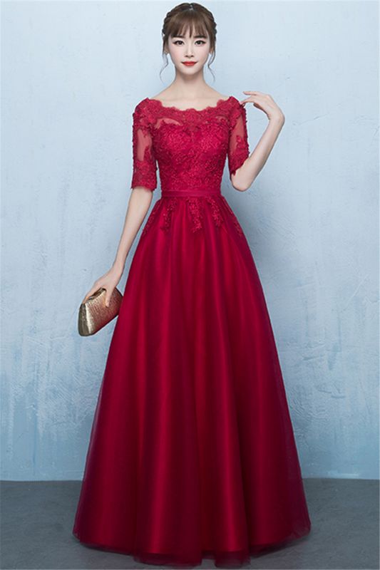 A-Line Lace Lace-Up Floor-Length Half-Sleeves Glamorous Evening Dresses