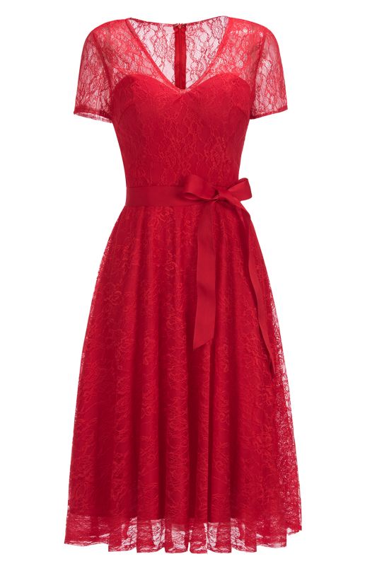 Tea-length Short-sleeve A-line V-neck Lace Red Prom Dress