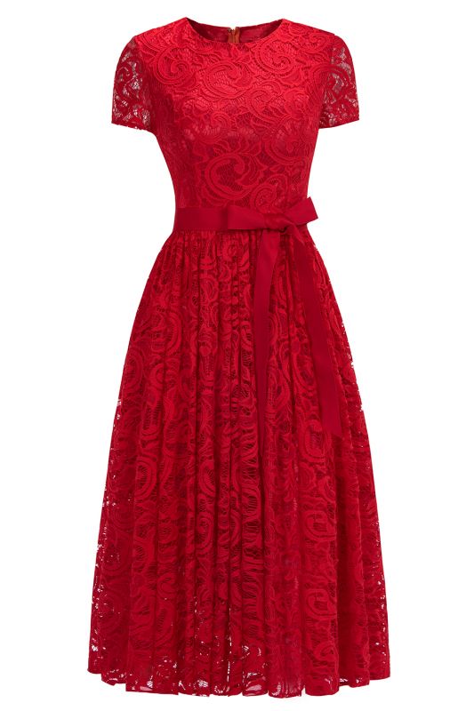 Bow Ribbon Sexy Lace Sheath Short-sleeves Red Prom Dresses