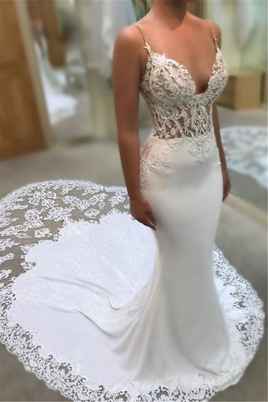 Sexy Mermaid Wedding Dresses | Spaghettis Straps Lace Appliques Bridal Gowns