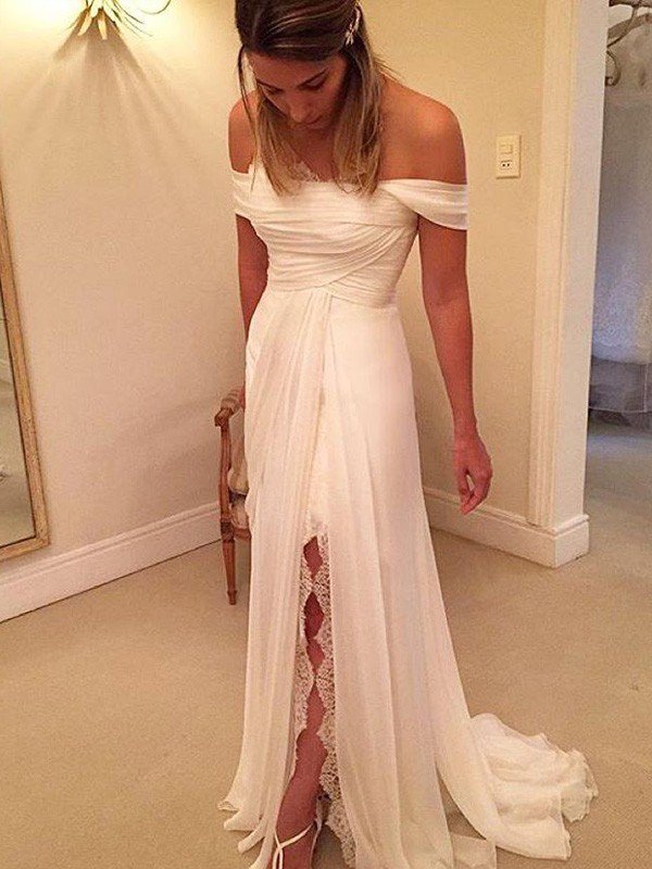 2021 Off-the-Shoulder Lace Bridal Gowns Long Chiffon Split  Wedding Dress with Zipper
