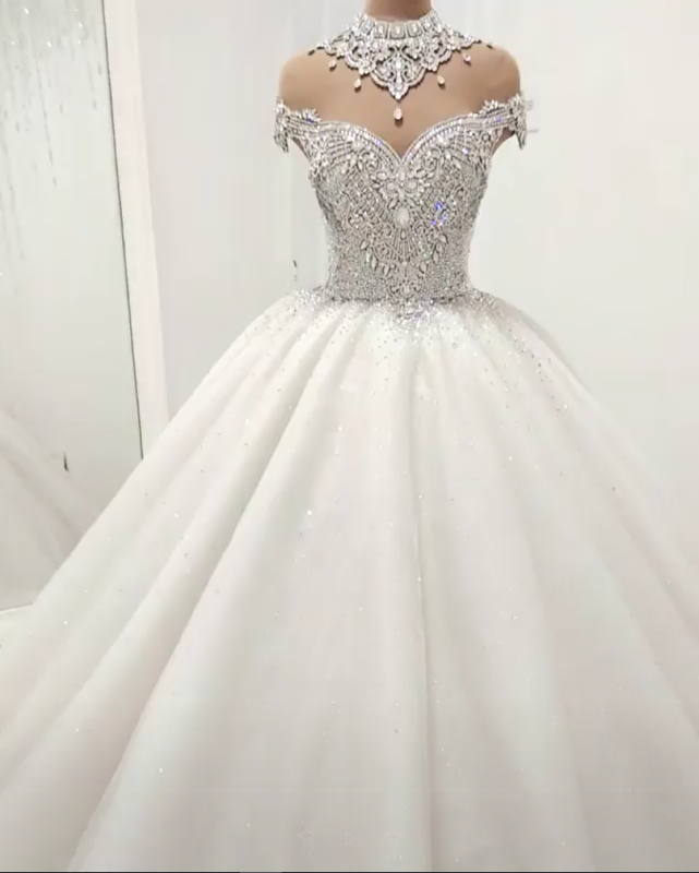 Luxury Crystals Ball Gown Wedding Dresses | Shiny High Neck Bridal Gowns BC1116