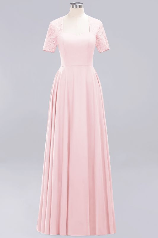 Pink Chiffon A-Line Bridesmaid Dresses | Sweetheart Cap Sleeves Lace Long Prom Dresses