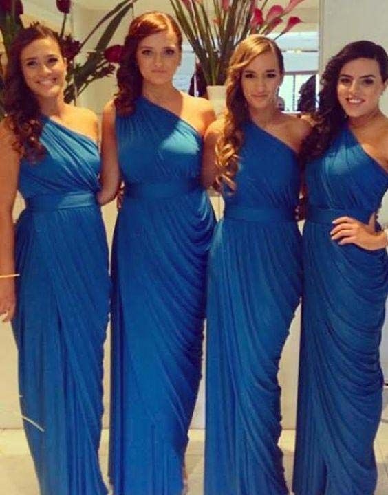 2021 Elegant Bridesmaid Dresses Blue One Shoulder Sleeveless Floor Length Ruffles Sheath Party Gowns