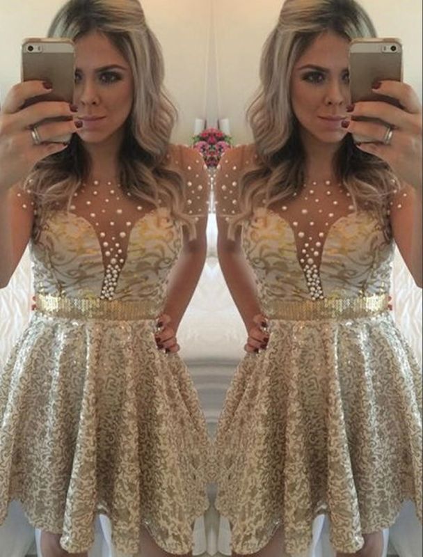 A-line Lace Short Gold Beadings Short-Sleeves Homecoming Dress