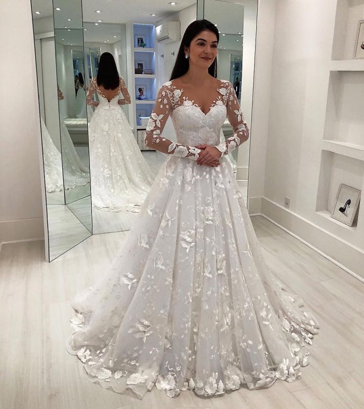 Exquisite Lace A-Line Wedding Dresses | V-Neck Long Sleeves Appliques Puffy Bridal Gowns BC1352