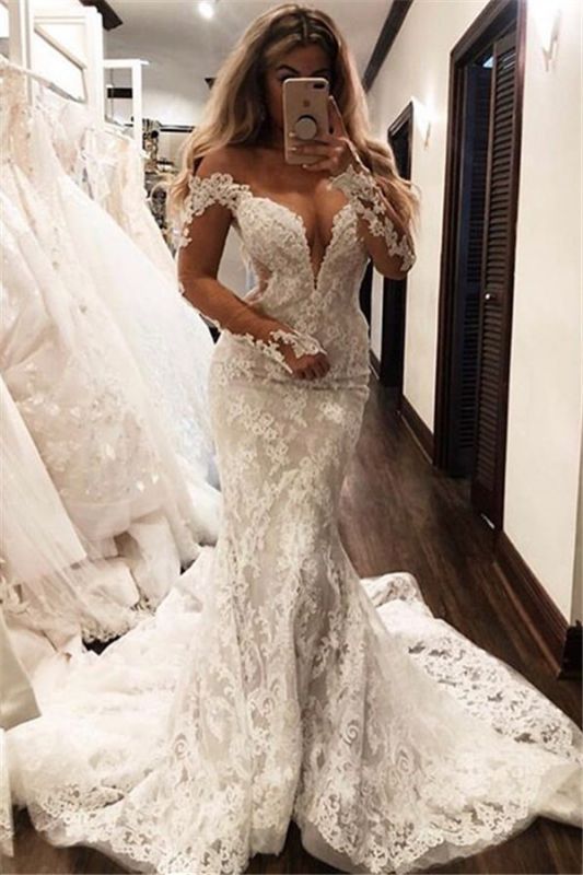 Gorgeous Off-The-Shoulder Long Sleeves Wedding Dresses | Lace Appliques Mermaid Prom Gowns