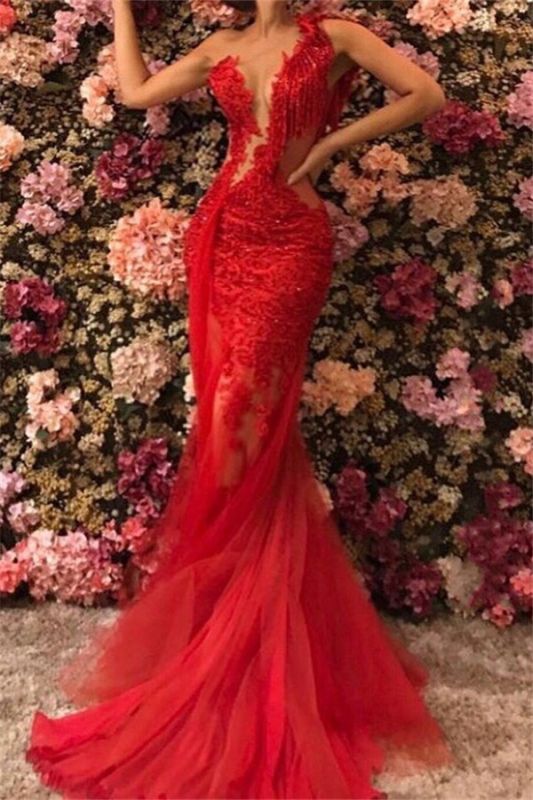 Sexy One-Shoulder Sleeveless Red Prom Gowns | Mermaid Tulle Beaded Prom Dresses BC1518