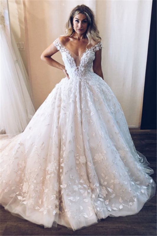 Elegant Off-The-Shoulder Appliques Bridal Gowns | V-Neck Ball Gown Wedding Dresses