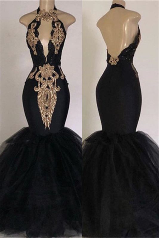 Chic Black Mermaid Prom Dresses | Halter Keyhole Neckline Gold Appliques Evening Gowns