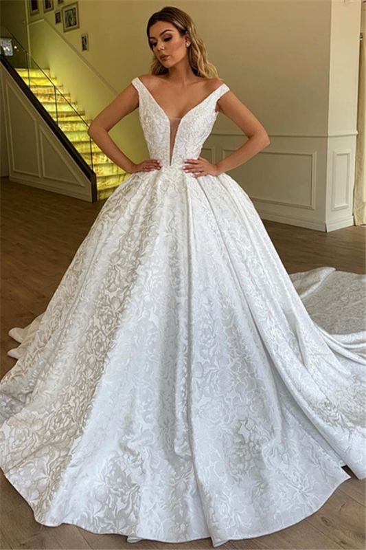 Sexy Off-the-Shoulder V-Neck Wedding Dresses | Ball Gown Sleeveless 2021 Bridal Gowns
