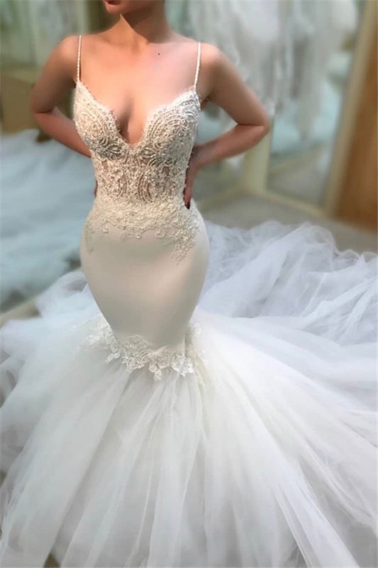 Sexy Spaghetti-Straps Sleeveless Wedding Dresses |  Lace Mermaid 2021 Bridal Gowns