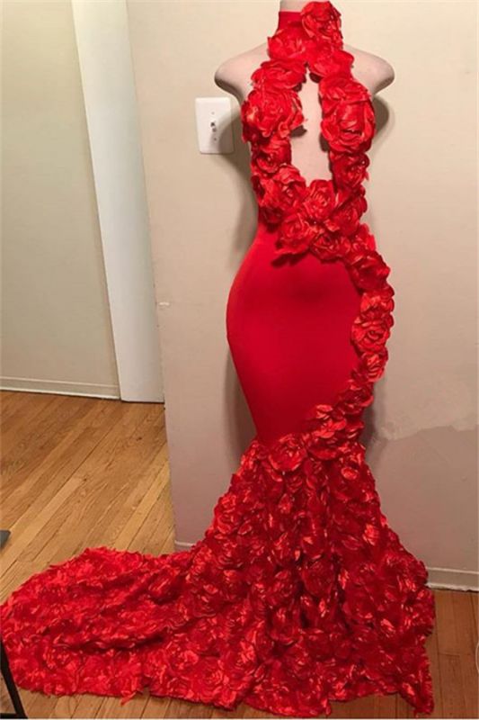Elegant Sleeveless Halter Flower Prom Dresses |  Red Mermaid 2021 Evening Gowns