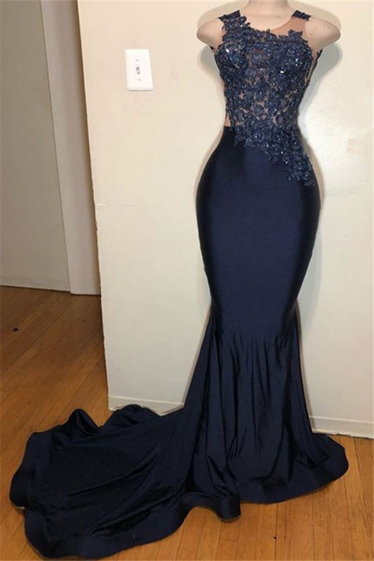 Dark Mermaid Sleeveless Applique Straps Blue Prom Dress