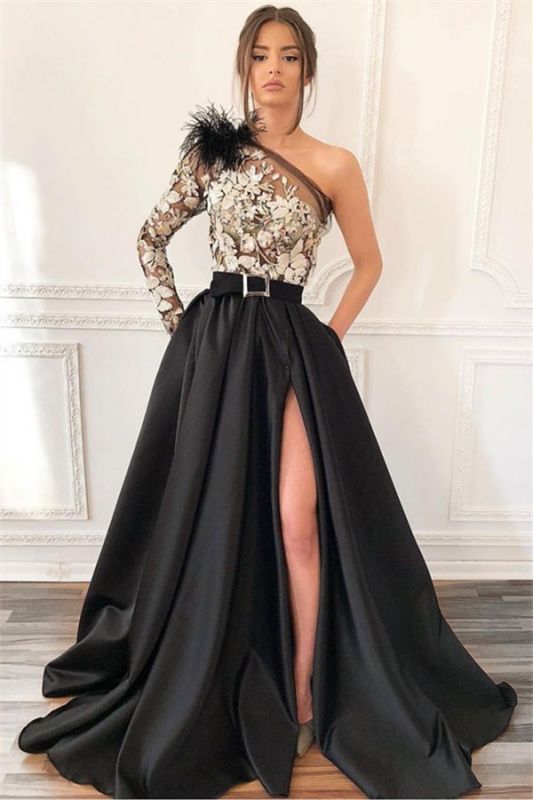 Sexy One-Shoulder Applique Prom Dress | Blcak Feather Side-Slit Evening Dresses BC1688