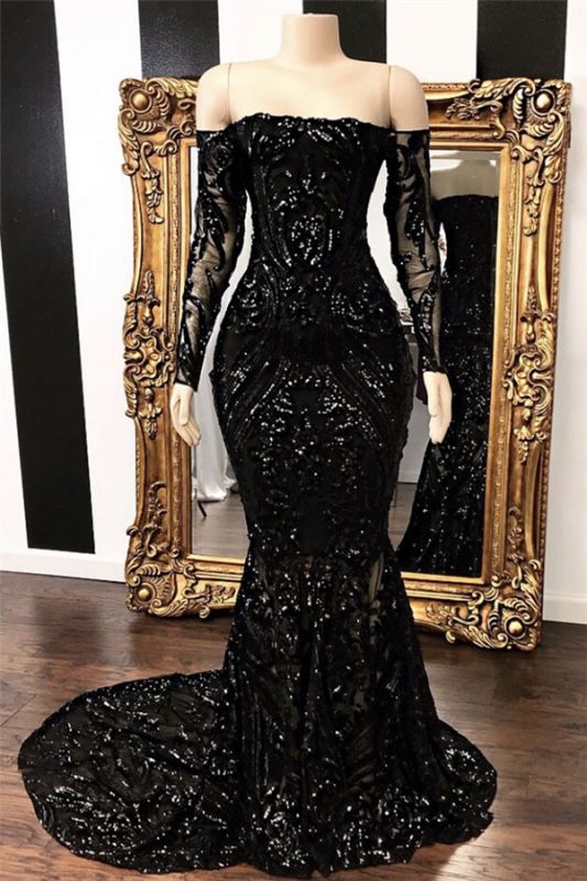 Sexy Black Mermaid Prom Dresses | Off-the-Shoulder Long Sleeves Evening Gowns