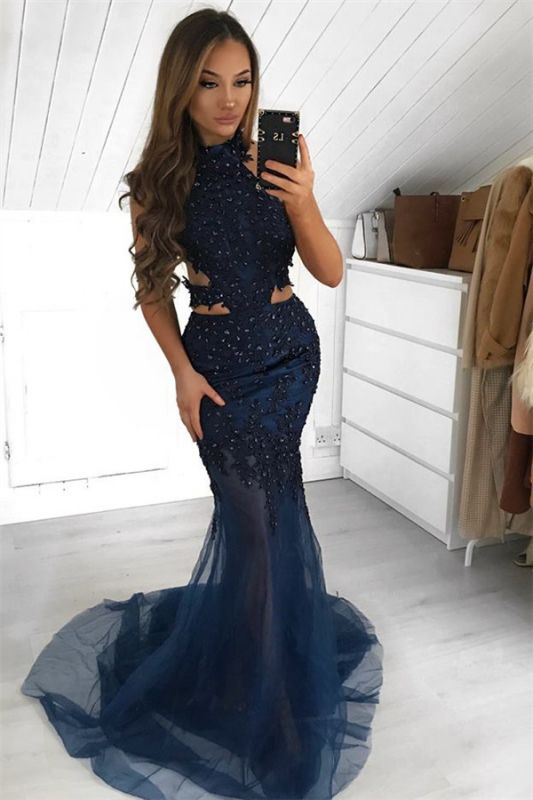 Sheer-Tulle Mermaid Gorgeous Sleeveless Halter Prom Dress
