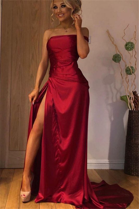 Elegant Bateau Red Strapless Evening Gowns | A-Line Side-Slit2021 Prom Dresses