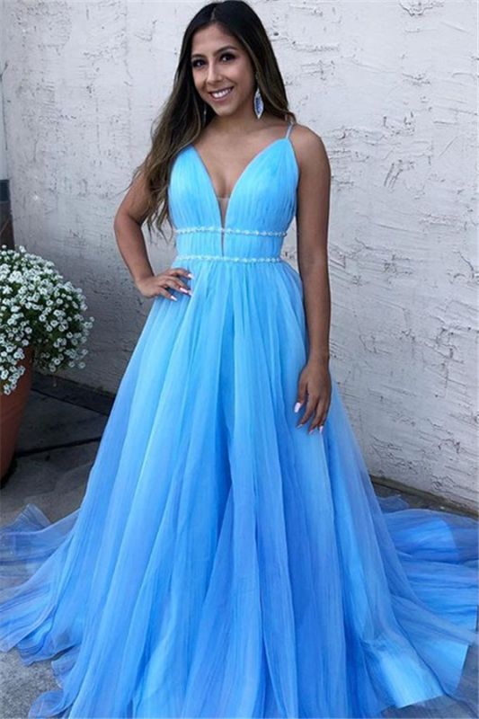 Charming Sleeveless Spaghetti-Straps Prom Dress | Sky Blue A-Line Tulle Evening Dresses
