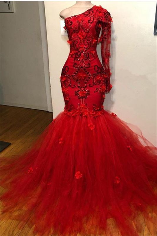 Long-Sleeves Red Appliques Mermaid Elegant One-Shoulder Prom Dress