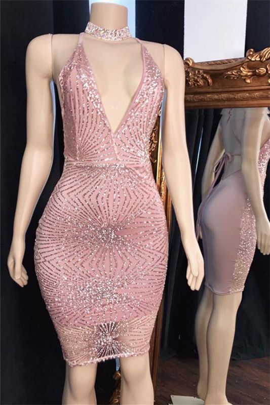 Shiny Spaghetti-Straps Short Cocktail Dresses | Pink Sheath Sequins Prom Dresses