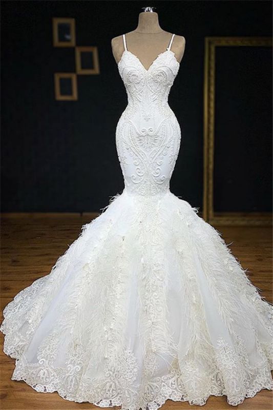 V-Neck Feather Mermaid Wedding Dresses | Sleeveless Glamorous 2021 Gowns