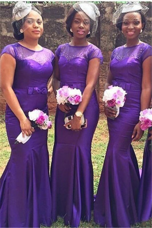 2021 Popular Purple Short Sleeves Mermaid Beadings Bow Bridesmaid Dresses