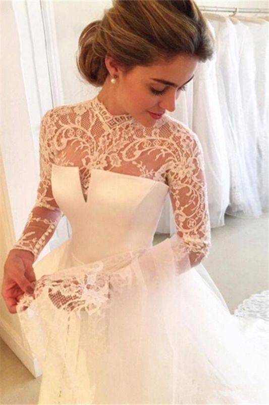 Elegant A-line Long-Sleeve Lace Zipper High-Neck Wedding Dress