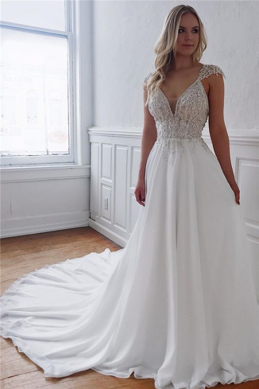 A-line Elegant Sweep-Train Appliques Wedding Dresses | 2021 Ivory V-neck Wedding Gowns