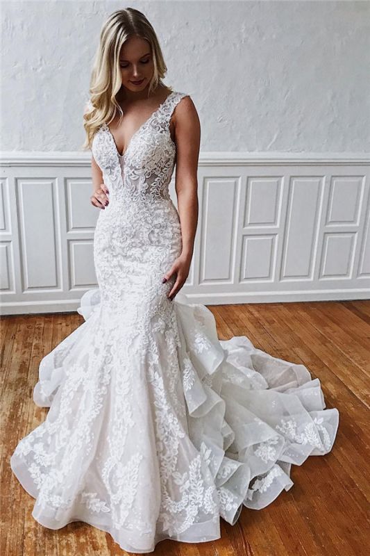 Mermaid Ruffled V-neck Excellent Sleeveless Wedding Dresses | 2021 Appliques Ivory Wedding Gowns