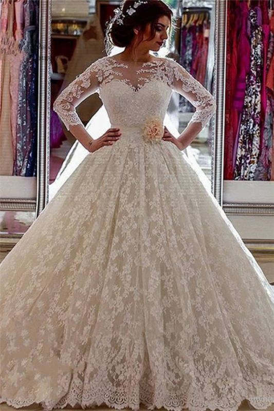 Long Sleeves Lace Sheer Vintage Church-Train Illusion Ball-Gown Arabic Wedding Dress