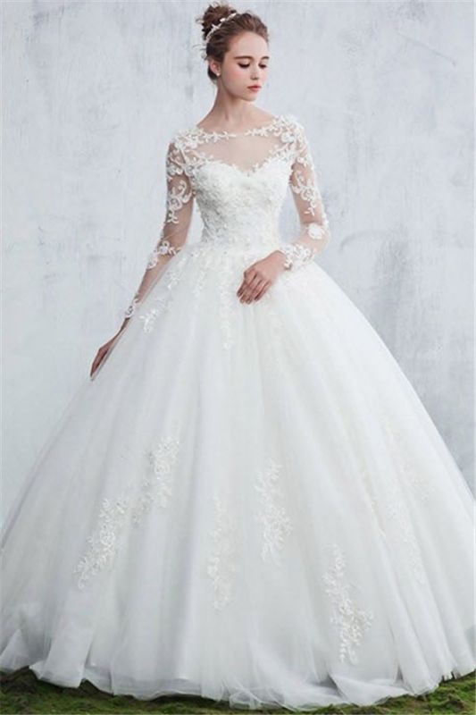 Sexy White Gown Ball Jewel Long-Sleeve Lace Wedding Dresses