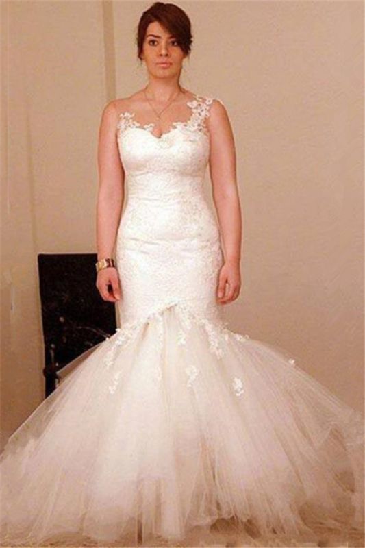 Sheer Mermaid Tulle Appliques Elegant Wedding Dress