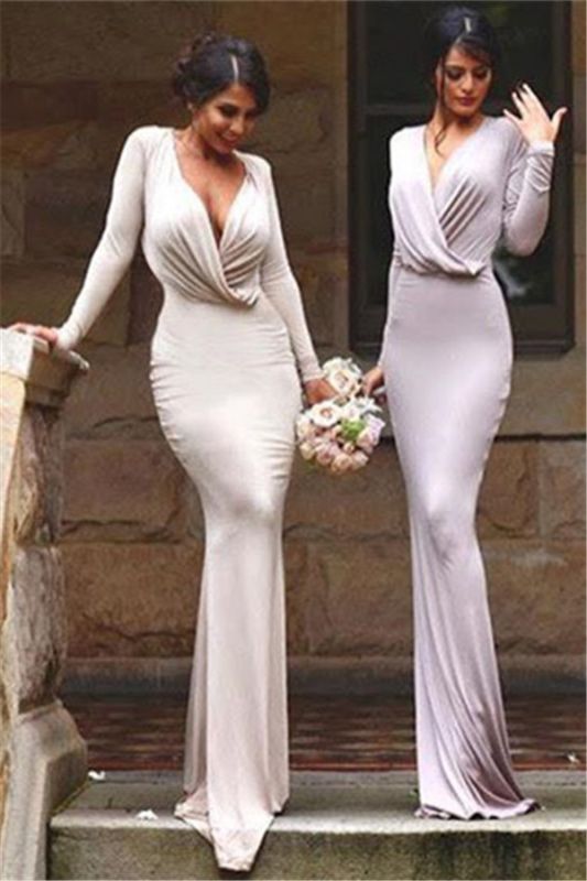 Elegant Long Sleeves V-neck Sheath Floor-length Bridesmaid Dress