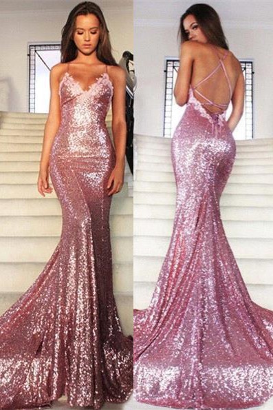 Mermaid Long Rose Pink Prom Party Dresses Sequins Spaghetti Strap Evening Gowns