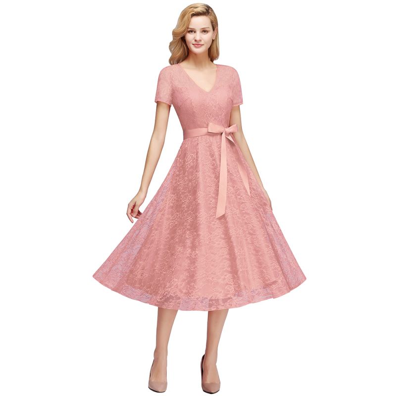 Tea-length Short-sleeve A-line V-neck Lace Red Prom Dress