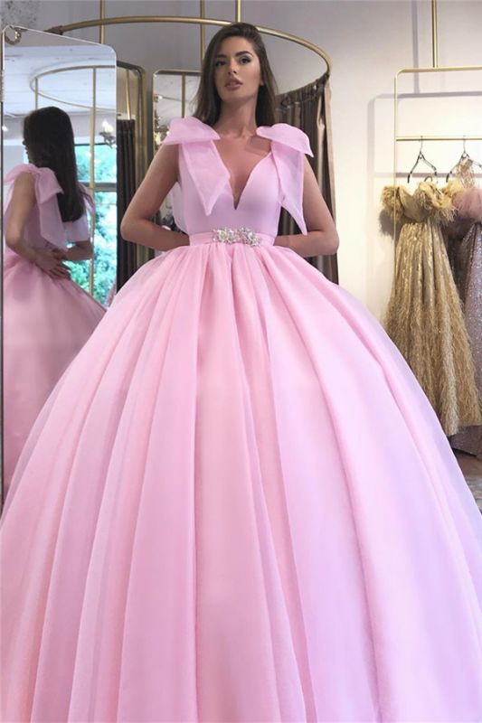Ball-gown V-neck Hot-pink Beaded Puffy Prom Dress