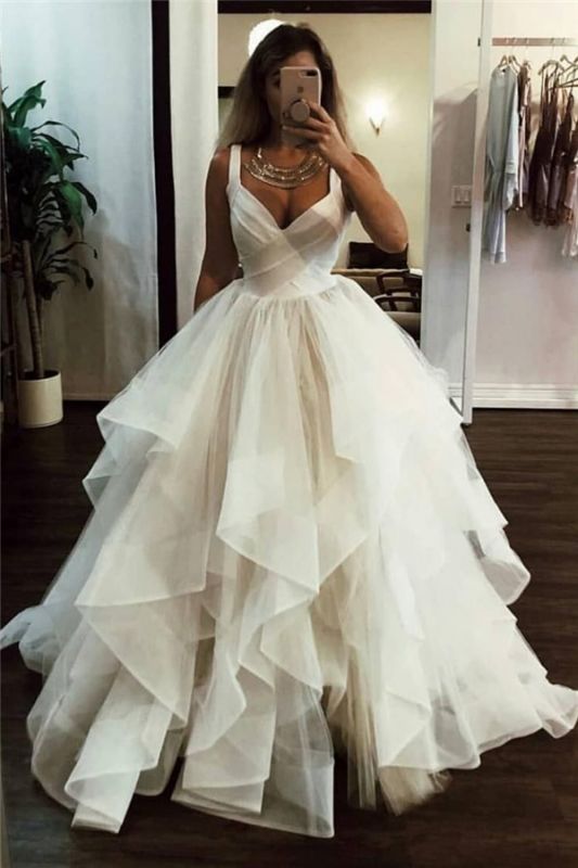 Straps V-neck A-line Ruffles Fashionable Wedding Dress