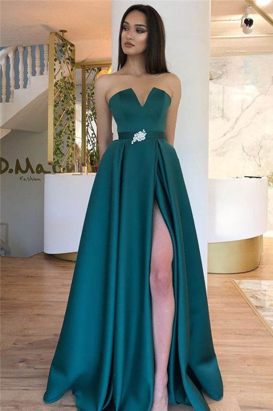 Front-slit Elegant A-line Floor-length V-neck Prom Dress With Sash