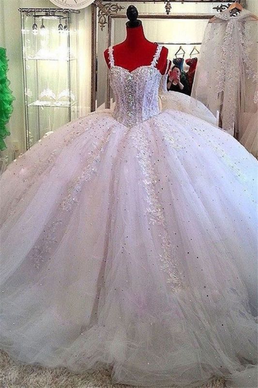 Ceystals Ball-Gown Straps Beading Sparkly Puffy Luxurious Lace Wedding Dress