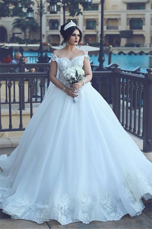 Vintage Off-the-Shoulder Wedding Dresses Crystal Tulle Ball Appliques Bridal Gowns