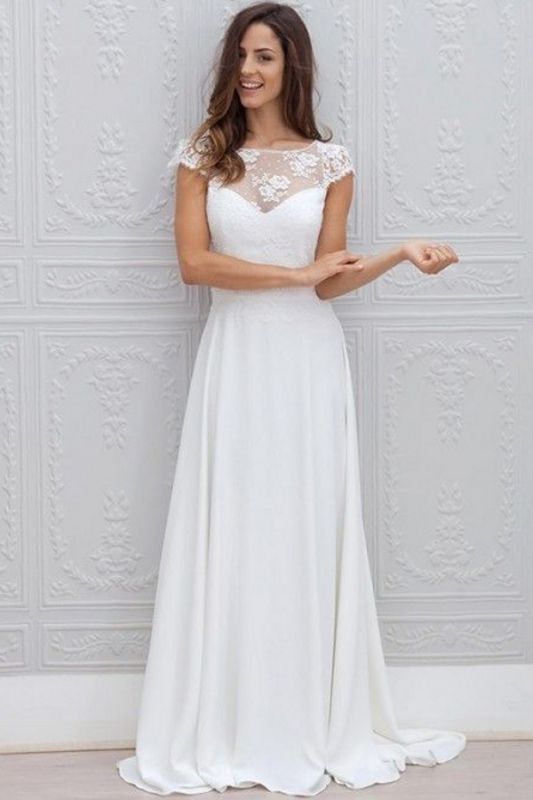 Simple Backless Short-Sleeves Chic A-line Sweep-train White Wedding Dress