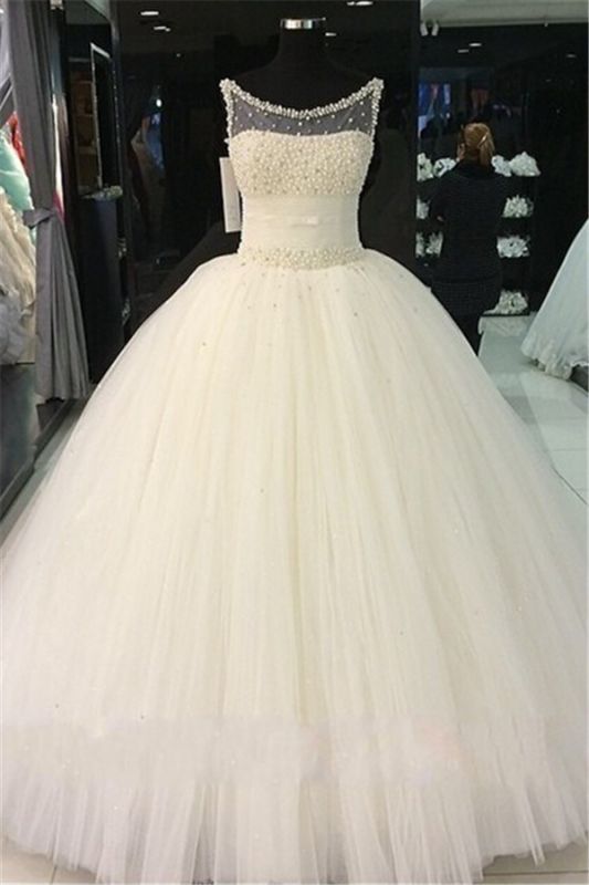 Gorgeous Princess Sleeveless Bridal Gowns Tulle Pearls Beadings Wedding Dresses