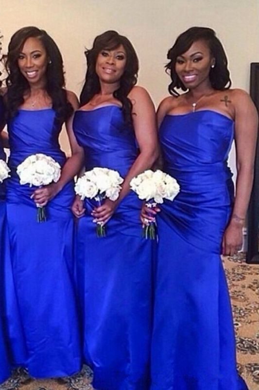 Elegant Royal Blue Strapless Floor Length Long Ruched Bridesmaid Dress